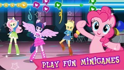 Size: 860x486 | Tagged: safe, gameloft, applejack, fluttershy, pinkie pie, twilight sparkle, equestria girls, g4, advertisement, balloon, boots, chair, clothes, cowboy boots, fall formal outfits, high heel boots, ponied up, pony ears, skirt, socks, sparkles, streamers, wings, wondercolts uniform