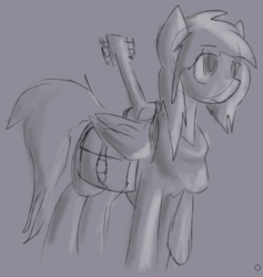 Size: 657x692 | Tagged: safe, artist:candel, oc, oc only, oc:candlelight, pegasus, pony, clothes, guitar, male, saddle bag, scarf, simple background, sketch, solo