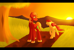 Size: 2800x1900 | Tagged: safe, artist:thebluedreammaker, apple bloom, big macintosh, earth pony, pony, g4, brother and sister, loose hair, male, missing accessory, path, running, sunset, tree, windswept mane