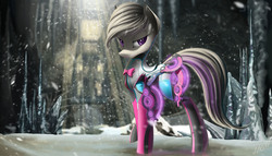 Size: 1944x1111 | Tagged: safe, artist:zigword, octavia melody, earth pony, pony, g4, armor, crossover, female, ice, looking at you, mare, octavia (warframe), scenery, serious, serious face, snow, solo, warframe