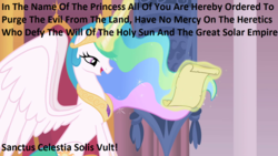 Size: 1280x720 | Tagged: safe, edit, edited screencap, screencap, princess celestia, alicorn, pony, g4, caption, deus vult, edgy, female, image macro, implied death, levitation, magic, mare, meme, op is a duck, op is trying to start shit, open mouth, reading, scroll, sitting, smiling, solar empire, solo, spread wings, telekinesis, throne