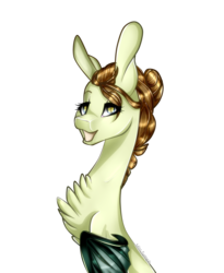 Size: 1009x1231 | Tagged: safe, artist:symphstudio, oc, oc only, oc:scarnia, bat pony, pony, art trade, bust, chest fluff, female, grin, hair bun, looking at you, mare, simple background, smiling, solo, transparent background