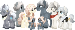 Size: 1280x507 | Tagged: safe, artist:tambelon, oc, oc only, oc:cashmere, oc:pashmina, oc:platinum crest, oc:rose gold, oc:stainless steel, oc:steel wool, oc:sterling silver, oc:titanium shield, crystal pony, pony, bandana, base used, family, female, filly, male, mare, offspring, parent:oc:rose gold, parent:oc:steel wool, scar, siblings, stallion