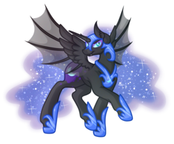 Size: 5000x4129 | Tagged: safe, artist:amazing-artsong, nightmare moon, alicorn, bat pony, bat pony alicorn, pony, g4, absurd resolution, bat wings, female, raised hoof, simple background, smiling, solo, spread wings, transparent background