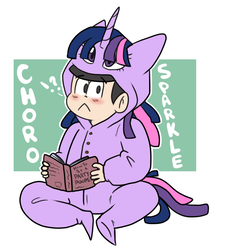 Size: 855x918 | Tagged: safe, artist:regkitty, twilight sparkle, human, g4, abstract background, choromatsu, clothes, cosplay, costume, crossover, exclamation point, female, interrobang, kigurumi, question mark, reading, solo