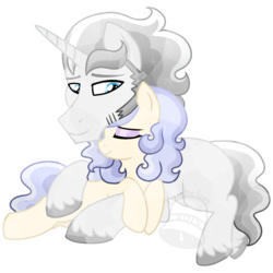Size: 800x800 | Tagged: safe, artist:tambelon, oc, oc only, oc:opalescent pearl, oc:prince topaz, crystal pony, pony, unicorn, female, male, mare, oc x oc, shipping, size difference, stallion, straight, topalescent, watermark