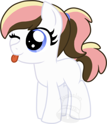 Size: 601x700 | Tagged: safe, artist:tambelon, oc, oc only, oc:neapolitan twist, earth pony, pony, female, filly, one eye closed, solo, tongue out, watermark, wink