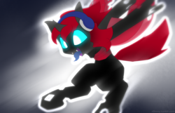 Size: 2300x1480 | Tagged: safe, artist:n0nnny, oc, oc only, oc:record scratch, changeling, changeling oc, flying, glowing eyes, headphones, open mouth, red changeling, solo, tongue out