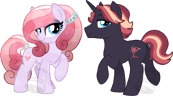 Size: 900x501 | Tagged: safe, artist:tambelon, oc, oc only, oc:razzle dazzle, oc:sunset sky, crystal pony, pony, unicorn, female, jewelry, male, mare, stallion, watermark