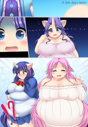 Size: 1000x1436 | Tagged: safe, artist:kurocaze-s, fluttershy, rarity, twilight sparkle, human, g4, big breasts, breasts, clothes, eared humanization, exclamation point, fat, fattershy, horn, horned humanization, humanized, interrobang, obese, off shoulder, question mark, raritubby, sweater, sweatershy, tailed humanization, twilard sparkle, weight gain