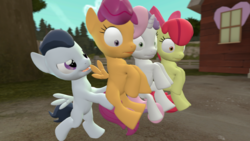 Size: 1024x576 | Tagged: safe, artist:cryotimberwolf, apple bloom, rumble, scootaloo, sweetie belle, g4, 3d, cutie mark crusaders, rumble gets all the crusaders, source filmmaker