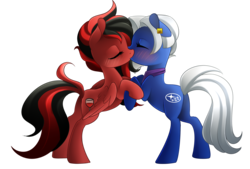 Size: 2646x1787 | Tagged: safe, artist:scarlet-spectrum, oc, oc only, oc:scarlet, oc:subi, earth pony, pegasus, pony, blushing, commission, ear piercing, eyes closed, female, kissing, lesbian, mare, oc x oc, piercing, shipping, simple background, transparent background