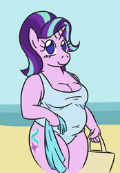 Size: 570x818 | Tagged: safe, artist:jargon scott, starlight glimmer, anthro, g4, bag, bbw, chubby, clothes, fat, female, one-piece swimsuit, smiling, solo, swimsuit