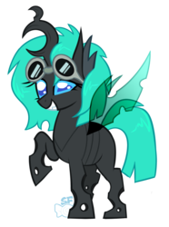 Size: 1408x1888 | Tagged: safe, artist:sugahfox, oc, oc only, changeling, changeling oc, female, goggles, raised hoof, simple background, solo, transparent background