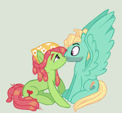 Size: 864x798 | Tagged: dead source, safe, artist:florfru, tree hugger, zephyr breeze, earth pony, pegasus, pony, g4, crack shipping, duo, female, kissing, male, mare, shipping, simple background, sitting, spread wings, stallion, straight, wingboner, zephyrhugger