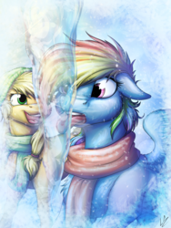 Size: 3000x4000 | Tagged: safe, artist:lupiarts, applejack, rainbow dash, earth pony, pegasus, pony, g4, clothes, duo, female, filly, floppy ears, hat, ice, icicle, open mouth, scarf, smiling, snow, stuck, tongue out, tongue stuck to pole, tongue stuck to something frozen