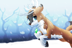 Size: 3000x1985 | Tagged: safe, artist:scarlet-spectrum, oc, oc only, oc:tyandaga, deer, barely pony related, blue eyes, floppy ears, gift art, jewelry, looking at you, male, non-pony oc, pendant, smiling, snow, snowfall, solo, tree