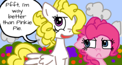 Size: 1024x549 | Tagged: safe, artist:thegreatalexmind, pinkie pie, surprise, earth pony, pegasus, pony, g4, :<, cloud, duo, hair over one eye