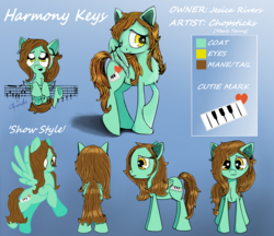 Size: 3819x3299 | Tagged: safe, artist:chopsticks, oc, oc only, oc:harmony keys, pegasus, pony, chibi, color, commission, cute, cutie mark, female, gradient background, high res, mare, reference sheet, shy, solo, text, turnaround