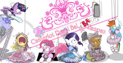 Size: 3100x1600 | Tagged: safe, artist:avchonline, applejack, fluttershy, pinkie pie, rainbow dash, rarity, twilight sparkle, alicorn, earth pony, pegasus, pony, unicorn, g4, ballerina, ballet, ballet slippers, bipedal, canterlot royal ballet academy, clothes, crying, dress, epic fail, evening gloves, fail, female, final destination (movie), food, gloves, jewelry, ladder, long gloves, mane six, mare, mop, pantyhose, pinkie sense, puffy sleeves, shoes, style emulation, tea, teapot, this will end in pain, tiara, trapdoor, tutu, twilight sparkle (alicorn), twitchy tail