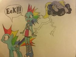 Size: 467x350 | Tagged: safe, artist:dcb2art, rainbow dash, human, pony, equestria girls, g4, boots, bracelet, clothes, compression shorts, cute, human ponidox, jewelry, open mouth, scared, self ponidox, shorts, skirt, socks, traditional art, wristband