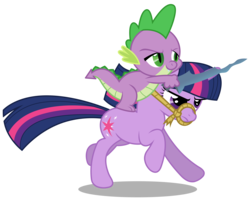 Size: 3751x3000 | Tagged: safe, artist:brony-works, spike, twilight sparkle, dragon, pony, unicorn, a dog and pony show, g4, dragons riding ponies, duo, epic spike, female, high res, majestic, male, mare, reins, riding, running, simple background, spike riding twilight, transparent background, unicorn twilight, vector