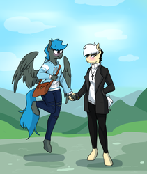 Size: 1106x1309 | Tagged: safe, artist:redxbacon, oc, oc only, oc:jade shine, oc:note clip, earth pony, pegasus, anthro, unguligrade anthro, blushing, clothes, female, holding hands, lesbian, mare, shipping