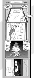 Size: 1451x3300 | Tagged: safe, artist:loreto-arts, princess ember, spike, dragon, comic:friendship is innuendo, g4, comic, door, grayscale, hue, implied starlight glimmer, implied twilight sparkle, monochrome, offscreen character, this will end in snu snu, yandember, yandere, yandere trance