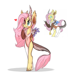 Size: 1280x1295 | Tagged: safe, artist:carnifex, artist:kapusha-blr, fluttershy, draconequus, semi-anthro, g4, draconequified, female, flutterequus, heart, mismatched horns, mismatched wings, simple background, smiling, solo, species swap, white background, wings