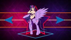 Size: 3840x2160 | Tagged: safe, artist:laszlvfx, artist:zomgitsalaura, edit, twilight sparkle, alicorn, centaur, pony, ponytaur, taur, g4, alitaur, elf ears, female, high res, pegataur, raised hoof, solo, species swap, twilight sparkle (alicorn), wallpaper, wallpaper edit