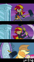 Size: 400x727 | Tagged: safe, artist:rvceric, applejack, fluttershy, pinkie pie, sunset shimmer, earth pony, pegasus, pony, equestria girls, g4, my little pony equestria girls, abuse, clothes, comic, cowboy hat, hammer, hat, jackabuse, magic mirror, mirror, ouch, parody, portal, reality ensues, scene parody, sledgehammer, stetson, swinging, tongue out, truth
