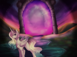 Size: 2361x1752 | Tagged: safe, artist:not-ordinary-pony, princess celestia, alicorn, pony, g4, female, missing accessory, portal, solo, stars, twilight (astronomy), water, younger