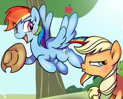 Size: 1280x1024 | Tagged: safe, artist:haden-2375, applejack, rainbow dash, earth pony, pegasus, pony, g4, accessory theft, annoyed, apple, apple tree, applejack is not amused, applejack wants her hat back, applejack's hat, blushing, cowboy hat, duo, eye clipping through hair, female, flying, freckles, hat, hoof hold, mare, open mouth, open smile, pouting, signature, smiling, spread wings, stetson, sweet apple acres, this will end in angry countryisms, this will end in pain and/or angry countryisms, tree, unamused, wings