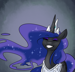 Size: 750x720 | Tagged: safe, artist:cosmalumi, nightmare moon, alicorn, pony, tumblr:ask queen moon, g4, cute, eyes closed, eyeshadow, fangs, female, gradient background, grin, happy, makeup, mare, moonabetes, nicemare moon, smiling, solo