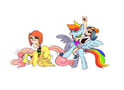 Size: 1000x727 | Tagged: safe, artist:caninegalactic, fluttershy, rainbow dash, human, pegasus, pony, g4, crossover, grojband