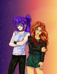 Size: 2550x3302 | Tagged: safe, artist:satou2612, sunset shimmer, oc, oc:moonlight, human, g4, canon x oc, clothes, female, high res, humanized, lesbian, pants, skirt, stars, tank top, twilight (astronomy)