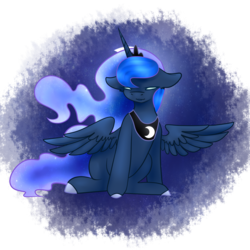 Size: 2000x2000 | Tagged: safe, artist:graceyriver, princess luna, g4, female, floppy ears, glowing eyes, high res, sitting, solo, spread wings