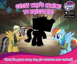 Size: 940x788 | Tagged: safe, gameloft, daring do, derpy hooves, doctor caballeron, rainbow dash, g4, cardboard box, clothes, cosplay, costume, doctor cardboarderon, fake cutie mark, scarf