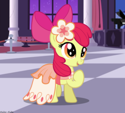 Size: 4918x4418 | Tagged: safe, artist:asika-aida, apple bloom, earth pony, pony, g4, absurd resolution, adorabloom, bow, clothes, commission, cute, dress, female, filly, flower, flower in hair, gala dress, grand galloping gala, hair bow, musical instrument, piano, red hair, red tail, smiling, solo
