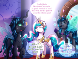 Size: 1333x1000 | Tagged: safe, artist:vavacung, idw, princess celestia, queen chrysalis, alicorn, changeling, pony, g4, spoiler:comic, blushing, chrysalis encounters herself, chrysalis meets reversalis, crown, dialogue, eyes closed, female, glasses, heart, jewelry, mare, mirror universe, peytral, raised hoof, regalia, reversalis, smiling, spread wings, trio