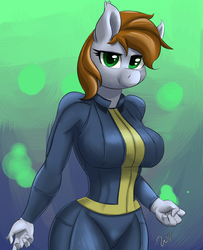 Size: 2480x3057 | Tagged: safe, artist:passigcamel, oc, oc only, oc:littlepip, anthro, fallout equestria, anthro oc, breasts, busty littlepip, clothes, fanfic, fanfic art, female, high res, jumpsuit, solo, vault suit