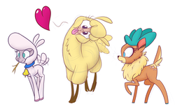 Size: 1280x800 | Tagged: safe, artist:heir-of-rick, paprika (tfh), pom (tfh), velvet (tfh), alpaca, deer, lamb, reindeer, sheep, them's fightin' herds, behaving like a dog, community related, heart, looking at you, simple background, tongue out, white background