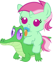 Size: 786x917 | Tagged: safe, artist:red4567, gummy, minty bubblegum, pony, g4, baby, baby pony, cute, minty bubblegum riding gummy, pacifier, ponies riding gators, riding