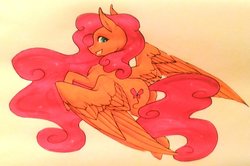 Size: 1024x680 | Tagged: safe, artist:oneiria-fylakas, fluttershy, pinkie pie, oc, oc:flying party, pegasus, pony, g4, female, fusion, mare, solo, traditional art