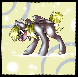 Size: 699x697 | Tagged: safe, artist:tehgamingcherryyt, derpy hooves, pegasus, pony, g4, abstract background, blushing, female, mare, solo, spread wings, tongue out