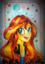 Size: 768x1080 | Tagged: safe, artist:enjal, sunset shimmer, equestria girls, g4, clothes, female, jacket, leather jacket, solo, traditional art