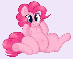 Size: 978x791 | Tagged: dead source, safe, artist:toroitimu, pinkie pie, g4, belly button, chest fluff, chubby, cute, diapinkes, eye clipping through hair, featureless crotch, female, frog (hoof), open mouth, simple background, solo, underhoof