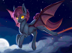 Size: 770x574 | Tagged: safe, artist:rodrigues404, oc, oc only, oc:ventress, bat pony, pony, animated, bat pony oc, chest fluff, cinemagraph, commission, ear fluff, female, flying, gif, glowing eyes, night, solo, stars