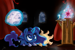 Size: 3000x2000 | Tagged: safe, artist:shogundun, princess luna, alicorn, pony, g4, cute, element of loyalty, element of magic, high res, levitation, lunabetes, magic, pedestal, pillow, telekinesis, woona, younger