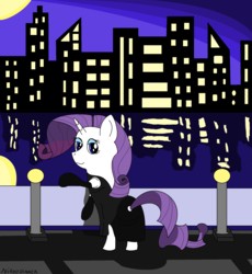 Size: 1820x1980 | Tagged: safe, artist:amateur-draw, rarity, pony, unicorn, g4, city, cityscape, clothes, dress, gloves, moon, ms paint, scenery